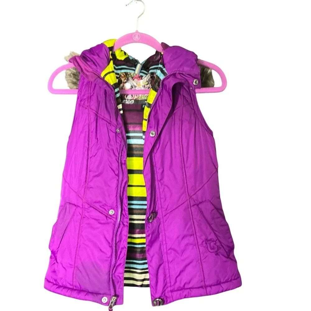 Burton Girls Sly Puffy Vest XS Purple Fur‎ Hood Snowboard Winter Ski Jacket